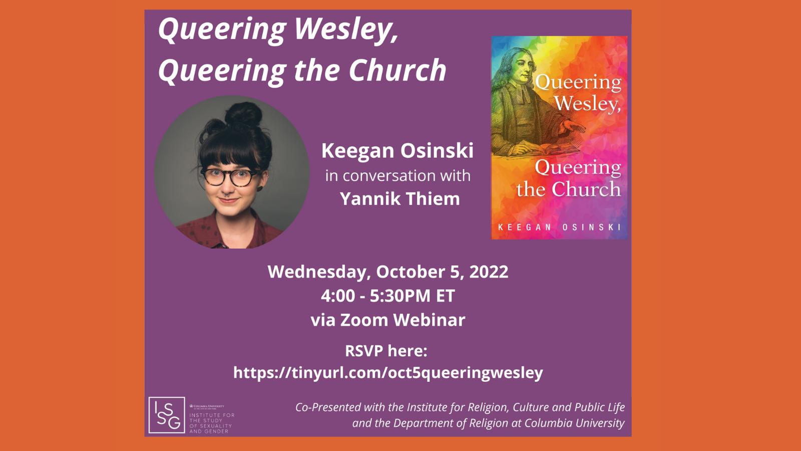 Queering Wesley, Queering the Church flyer on an orange background with a cover of Queering Wesley, Queering the Church and a headshot of Keegan Osinski