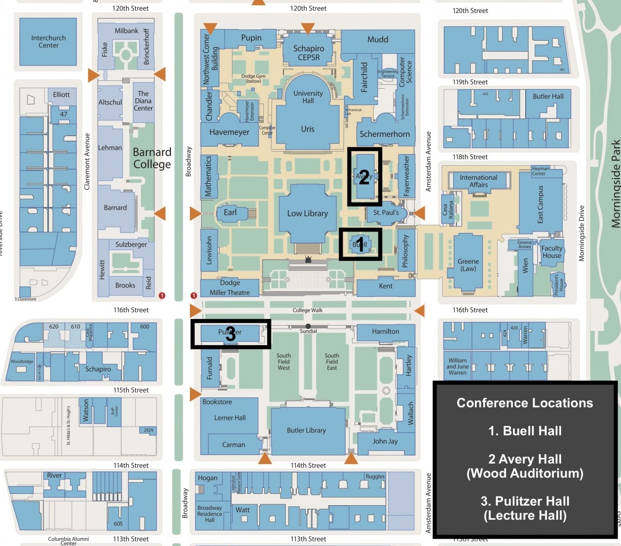 Map of Columbia's Morningside Campus with conference locations