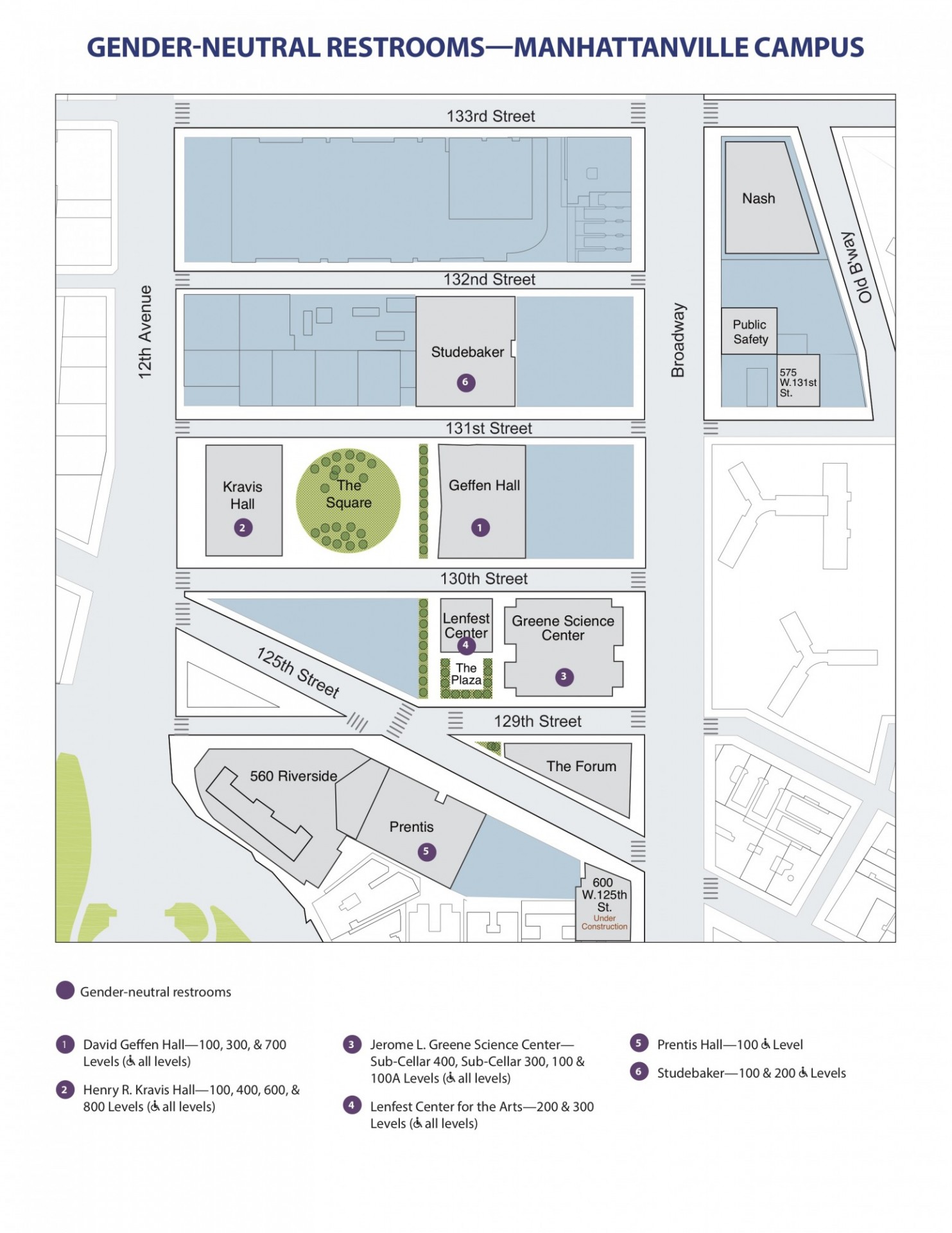 Map of gender-neutral restrooms on Manhattanville campus