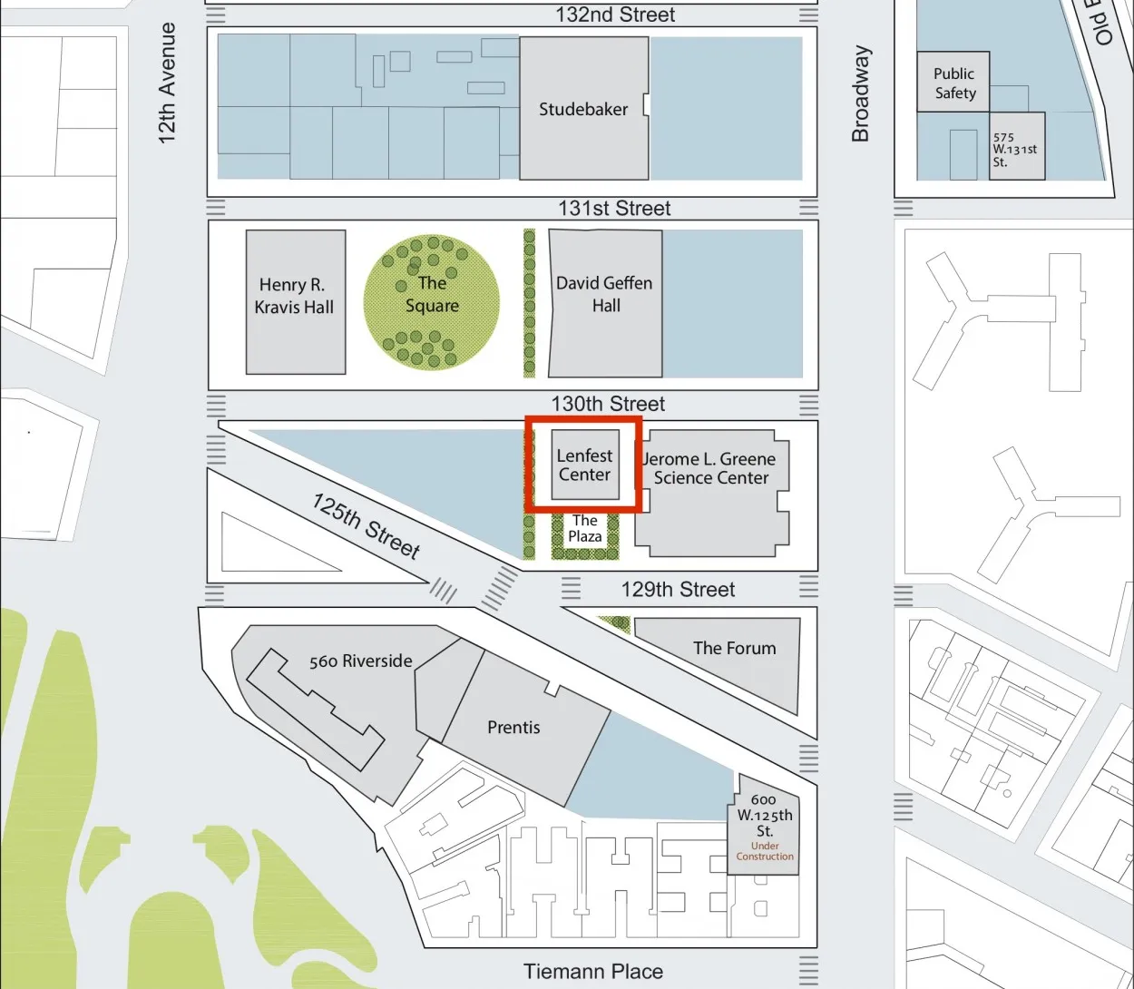 Map of Columbia's Manhattanville Campus with screening location circled